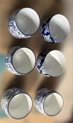 青い花柄と竹模様の湯飲み6個セット