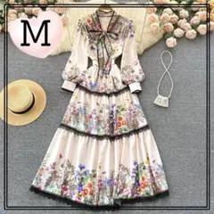 M 花柄 リボン マキシ丈 ワンピース ティアード 白 エレガント 韓国服 Ⅲ