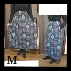A652 北欧柄 フラワープリント スカート 裏起毛 M ブルー グレー 新品