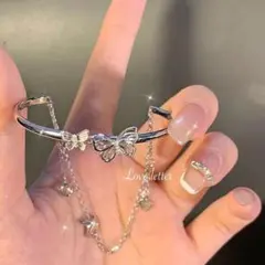 No.375A バタフライチェーン2連ブレスレット シルバー 韓国 蝶々 地雷