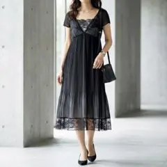 G6612*REPLETE プリーツ ドレス ワンピース 黒 11 結婚式 L