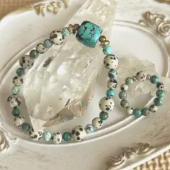 天然石ターコイズ・ダルメシアンジャスパー　デザインブレス　リング　２点セット