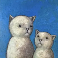自作絵画　白猫の親子　小作品　⭐︎  猫の絵