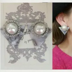 263＊大ぶり ライトグレーマーブル BIGパール シルバーチェーン