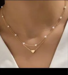 ハート パール 2連 ネックレス 大人可愛い 華奢 お洒落 海外 ゴールド