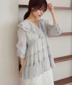 mysty woman フリル付きシフォンブラウス