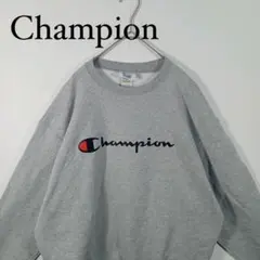 Champion グレー クルーネックスウェット ロゴプリント　L