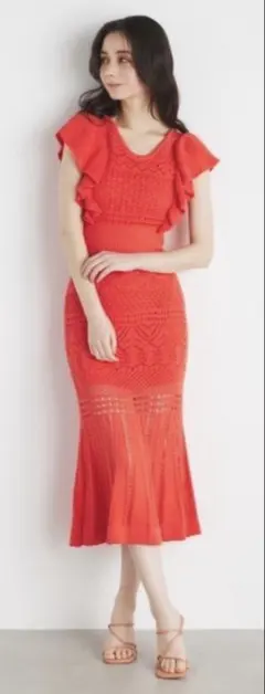 rienda 新品タグ付き ショルダーフリルクロシェニットワンピース