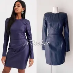 日本未発売【UK4】ASOS ネイビー 長袖 レザーワンピース