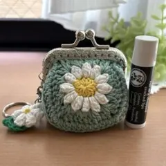 ハンドメイド かぎ編みがま口ポーチ 小銭入れ グラニースクエア お花
