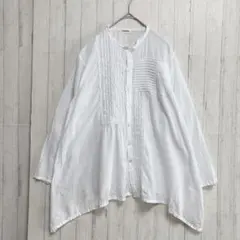 Plantation プランテーション ピンタックブラウス バンドカラー 白 綿 