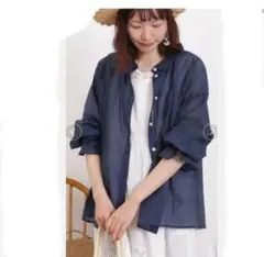 サマンサモスモス　デニム/無地シアーフリル襟ブラウス　　　　ブルー