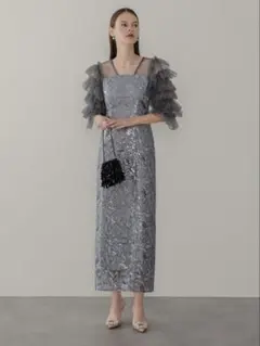 チュールフリルスリーブスパンコールIラインワンピースドレス結婚式パーティー二次会