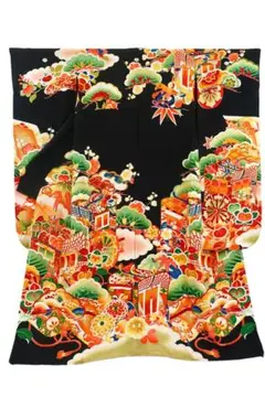 アンティーク 引き振袖 お引きずり 朱赤 扇面 吉祥花 身丈162.5cm 正絹