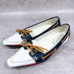 【美品】トッズ TOD'S デッキシューズ 白 レザー トリコロール 24㎝のサムネイル