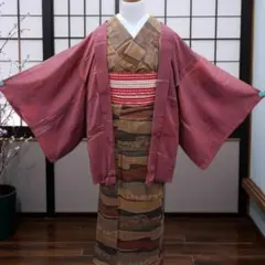 裄丈ロング寸★裄69.7、着丈78.8cm☆正絹　羽織　くすみ小豆ピンクに霞柄