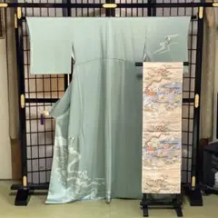 【極美品】紋綸子　草花柄刺繍　訪問着・六通袋帯　2点セット　身丈159.5cm