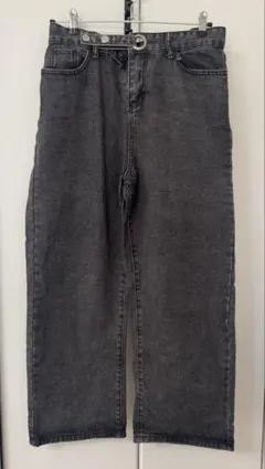 ブラック ワイドレッグ デニムパンツ