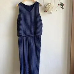 ストライプ柄 ノースリーブ オールインワン ネイビーのサムネイル