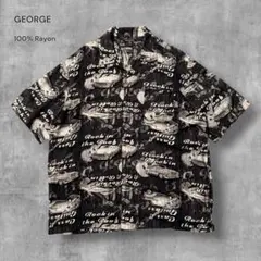3054 古着GEORGEアロハシャツレーヨン100%好デザインモノクロ墨黒XLのサムネイル