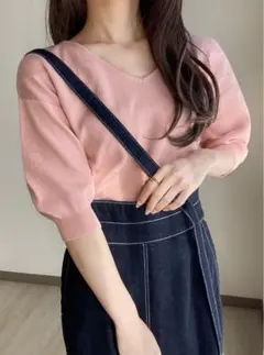 GRL 前後　Vネック　5分袖　ニット　トップス　シンプル　無地　綺麗め