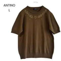 【ANTINO】ブラウン 半袖 刺繍花柄ニット ウール混Lサイズ a0446
