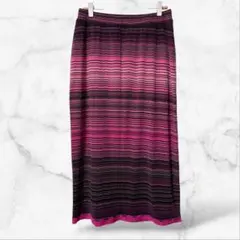 裾レース ジグザグ柄ロングスカート マルチボーダー ピンク系 ウエストゴム 下