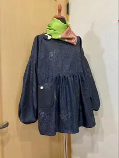 着物　紬　ハンドメイド　リメイク　トップス　絞りストール　コサージュ　3点