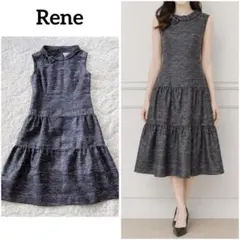 Rene フレアワンピース ひざ下 ノースリーブ ラメ ティアード ツイード Sのサムネイル