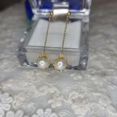 あこや真珠　ロングピアス　ゴールドカラー