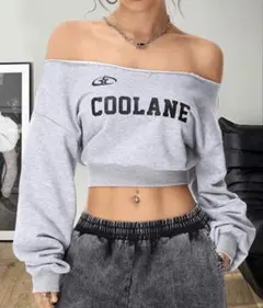 オフショルダー クロップドトップス グレー スウェット ロゴ SHEIN Sのサムネイル