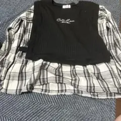 黒リブ編みチェック重ね着風トップス
