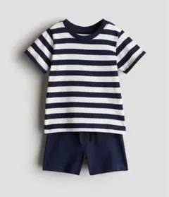 【美品】H&Mベビー56 ストライプTシャツ・ショートパンツセットアップ