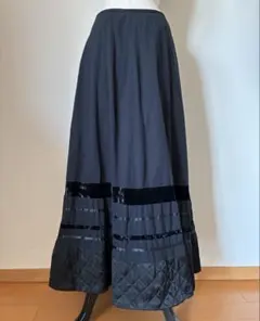 LUCIE LINDEN ヴィンテージ 黒ロングフレアスカート 異素材ストライプ