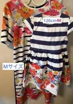 【まとめ売り】親子 リンクコーデに！花柄ストライプワンピース
