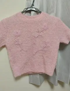 ZARA ピンク 花柄刺繍 半袖ニット