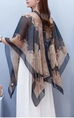 新品 ポンチョ ストール シースルー シフォン エスニック ブラック 羽織り