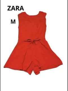 ZARA ショートパンツオールインワン 赤 バックオープン　ウエストリボン M