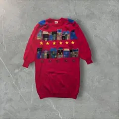 90s vintage レッドロングセーター　香港製　昭和レトロ　ウール100%