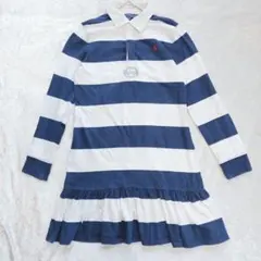 ポロラルフローレン ワンピース 長袖 綿 白 ボーダー 裾フリル ストライプ