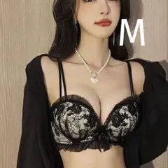 楽ブラ レース 盛れる 下着2597ブラックホワイトM ノンワイヤーブラショーツ