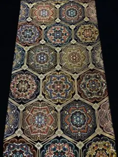 【美品】袋帯　細密織　宝相華　六通　黒金