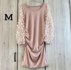 シースルーワンピース 【M】花柄デザイン 長袖 ピンク ドレス 膝丈 パーティ