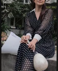 ZARA ザラ シャーリング 襟付きドットロングワンピース ブラックL