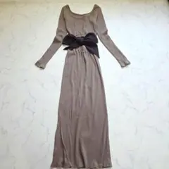 ジェイダ　オープンバックリボンワンピース　タイト　リブ編み　長袖　Ｆ　ブラウン