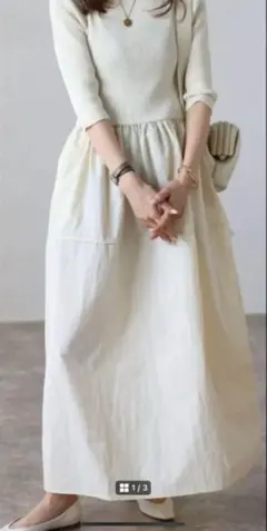 ボンジュールサガン　スクエアネックニットコンビコクーンワンピース　アイボリー