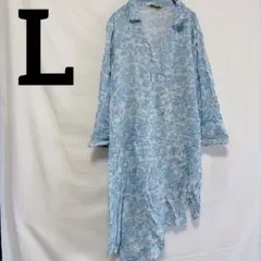 globaldesi 【L】花柄　ロングシャツ　ブラウス　チュニック　ブルー
