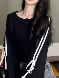 スエットブラックゆったりサイドリボントレーナーアームリボンオーバーサイズ黒韓国