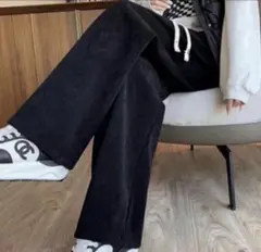 コーデュロイ ワイドパンツ ストレッチ　黒 ブラック　春 コーデ　Mサイズ