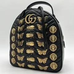 【極美品】グッチ GGマーモント リュック ビー ゴールド金具 レザー 黒